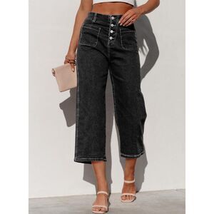Black High Waisted Wide Leg Capri Jeans